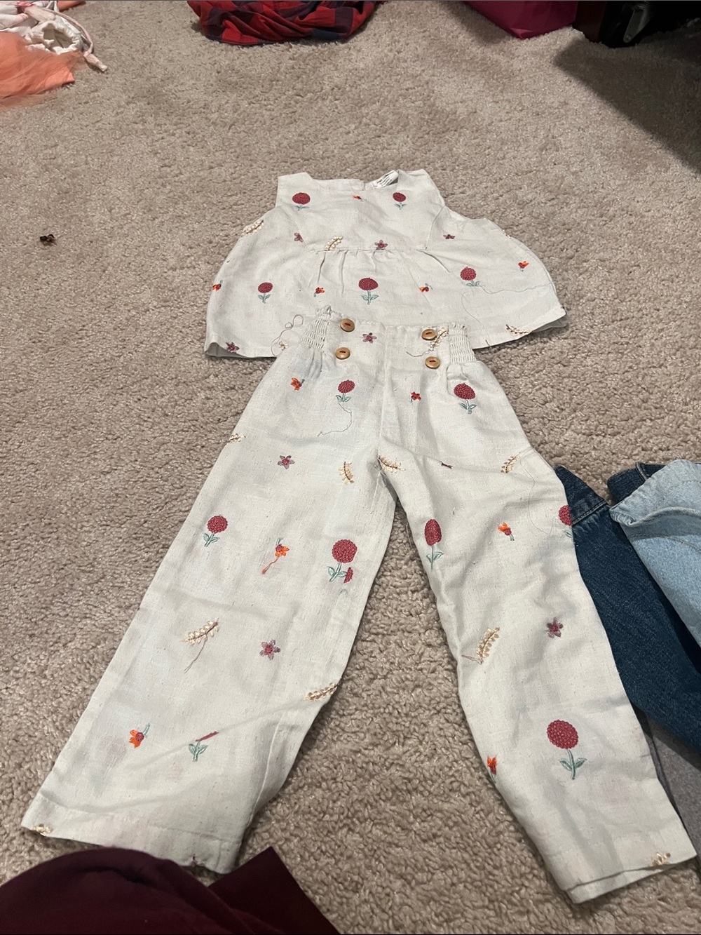 Girls' Cream Floral Embroidered Button-Front Pants